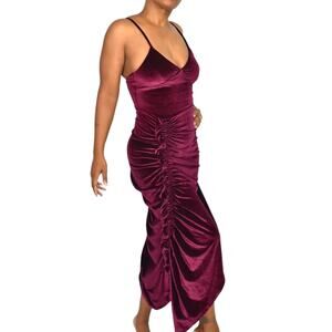 Ronny Kobo Ahn Velvet Dress Purple Shirred Midi Thigh Side Slit Ruffle Size XS